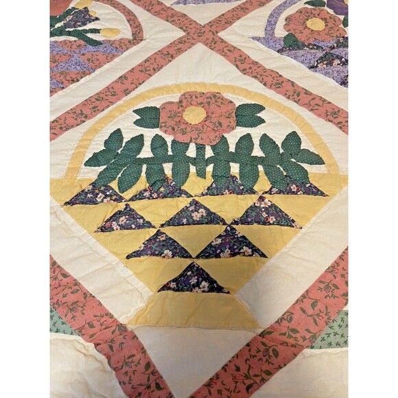 Vintage Patchwork Flower Quilt Handmade Hand Stitched Multicolor Full Size - Picture 2 of 10